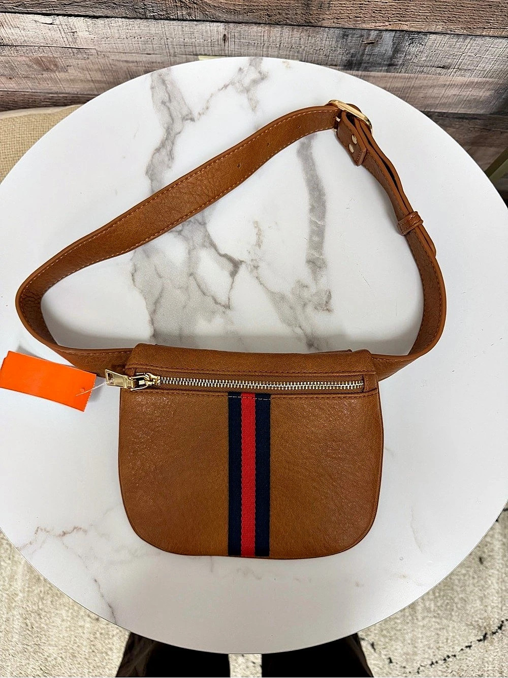 Moda Luxe Brown Leather Belt Bag with Red and Blue Stripe